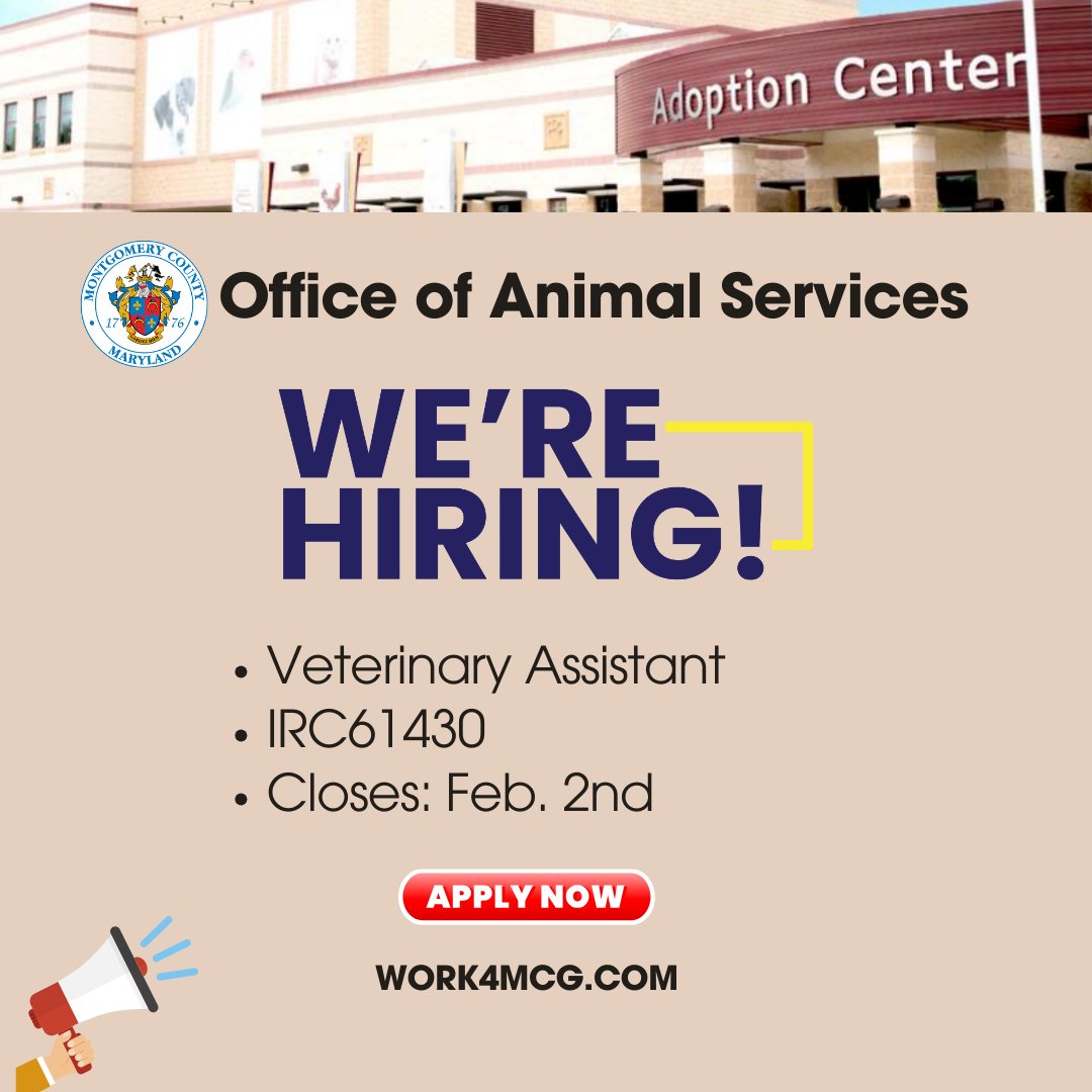 WORK4MCG's tweet photo. Join our team and make a difference! #MontgomeryCounty Office of #AnimalServices (OAS) is seeking a #VeterinaryAssistant [IRC61430].

Position closes Feb. 2nd. To apply today ➜ https://t.co/DZXhnRA7Ic

To learn more, visit https://t.co/eIucwp2jLv.
#nowhiring #work4mcg https://t.co/UXMaA6qfhi