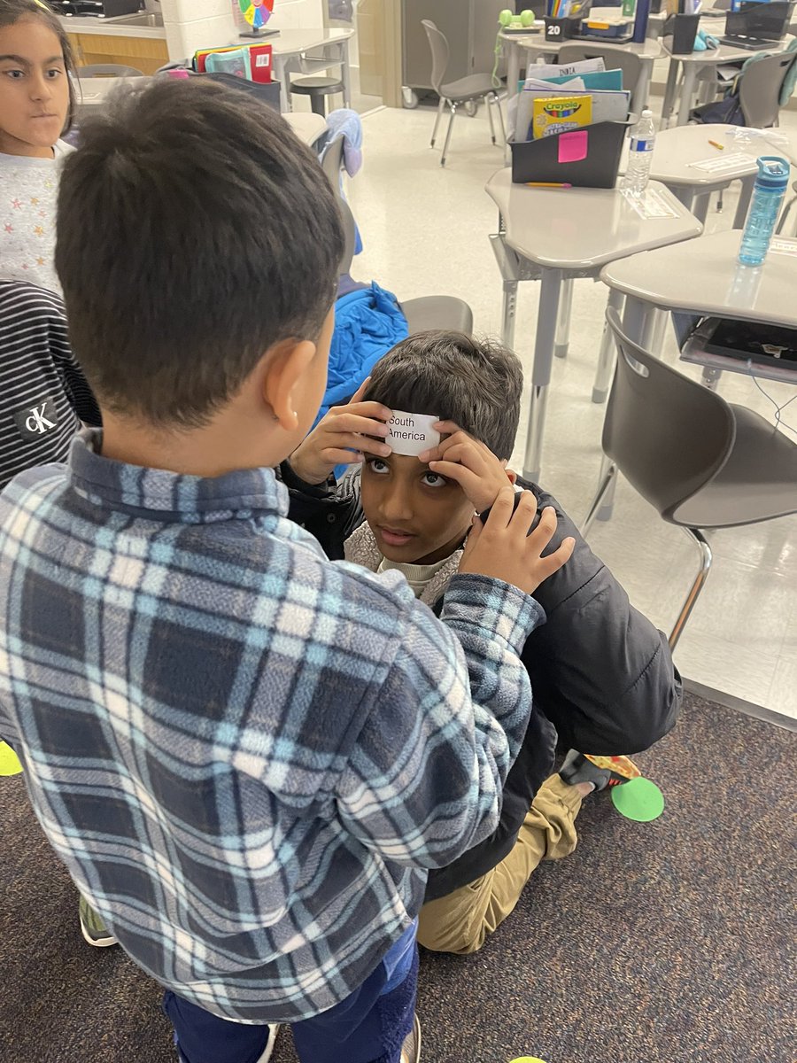 We played “heads up” yesterday to review continents and oceans! Ss gave clues/facts about each continent or ocean to help their partner guess which one was on their head. So fun &amp; so engaging! <a href="/E_ThompsonES/">Elaine Thompson Elementary</a>