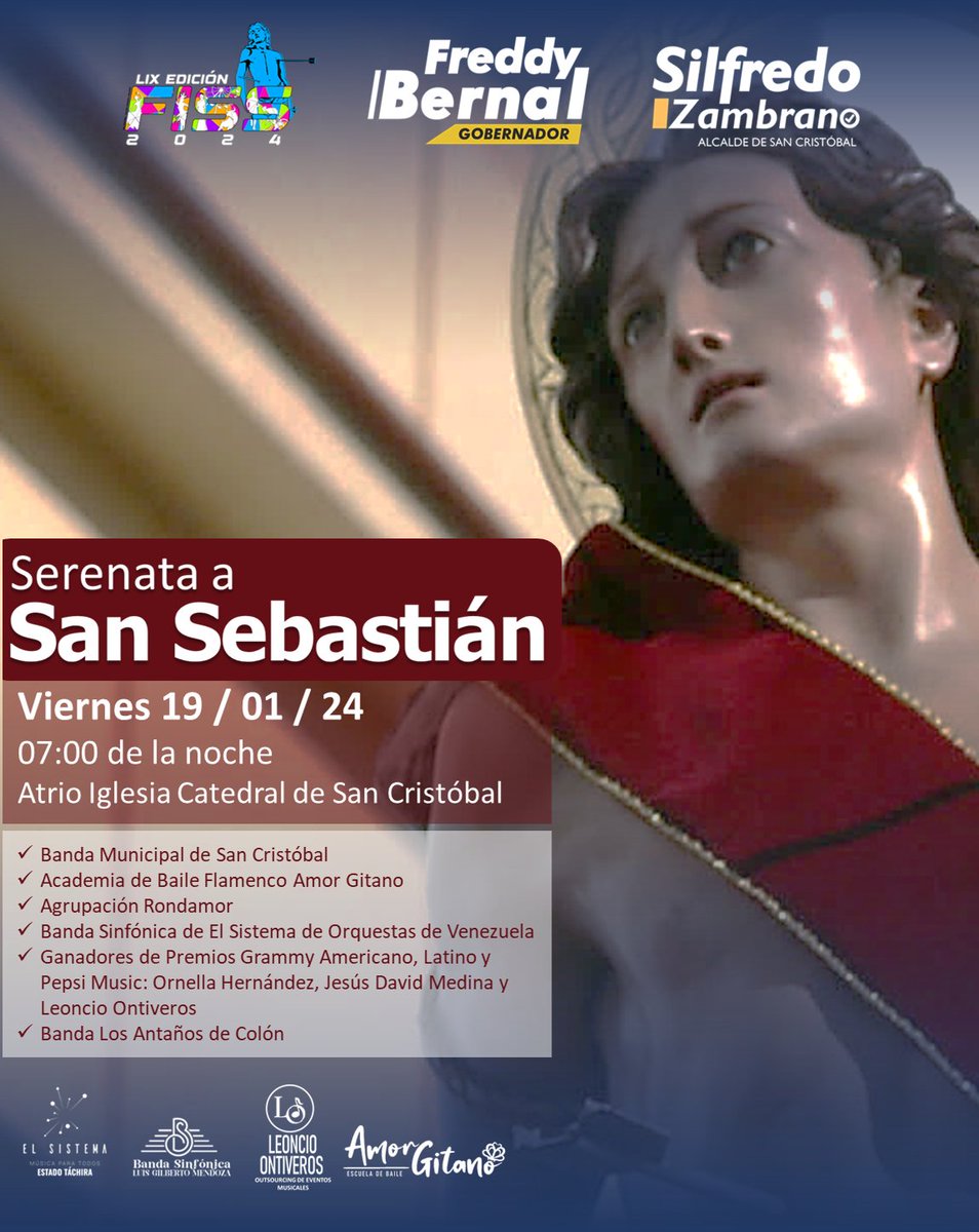#19Ene Desde el Concejo Municipal Bolivariano de San Cristóbal, invitamos a toda la población que hace vida en este municipio capitalino, para que asistan a la "Serenata al Patrono San Sebastián", que se llevará a cabo hoy, a partir de las 7 pm en el atrio de la Catedral.