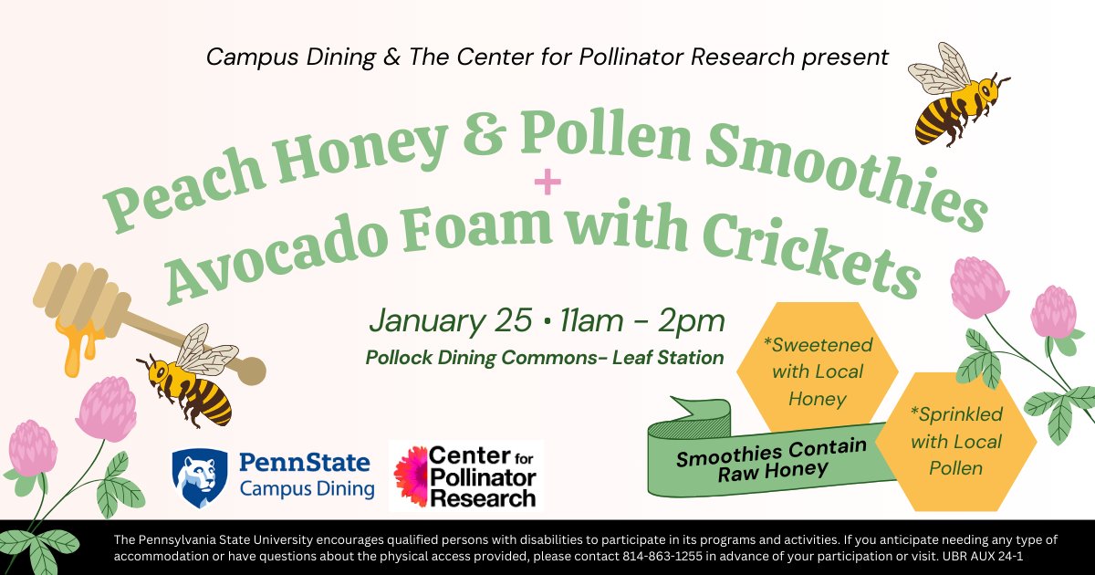 PSU Pollinators (@psupollinators) on Twitter photo Our tastiest outreach event returns! <a href="/PennStateDining/">Penn State Campus Dining</a>
🗓️ Thursday Jan 25th, 11 am to 2 pm
📍 Pollock Dining Commons- Leaf Station Our tastiest outreach event returns! <a href="/PennStateDining/">Penn State Campus Dining</a>
🗓️ Thursday Jan 25th, 11 am to 2 pm
📍 Pollock Dining Commons- Leaf Station