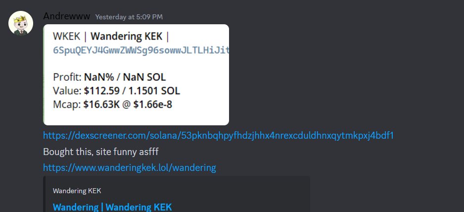 Another day, another 𝘄𝗶𝗻. 

16k &gt; 320k = 𝟮𝟬𝘅 on $WKEK 

This was posted in General chat which is 𝗽𝘂𝗯𝗹𝗶𝗰.