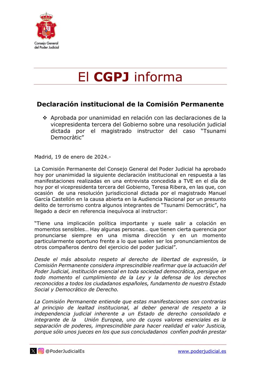 PoderJudicialEs's tweet photo. 📄 Declaración institucional de la Comisión Permanente aprobada por unanimidad en relación con las declaraciones de la vicepresidenta tercera del Gobierno sobre una resolución judicial dictada por el magistrado instructor del caso Tsunami Democràtic https://t.co/8BswW6GiOD