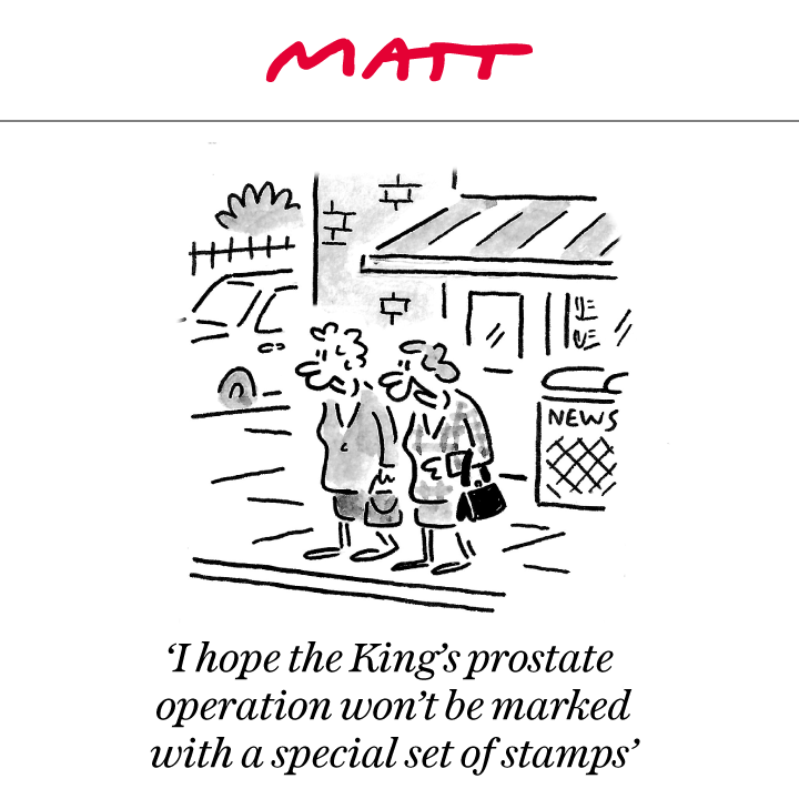 ✍️ 'I hope the King's prostate operation won't be marked with a special set of stamps' My latest cartoon for tomorrow's @Telegraph Buy a print of my cartoons at telegraph.co.uk/mattprints Original artwork from chrisbeetles.com