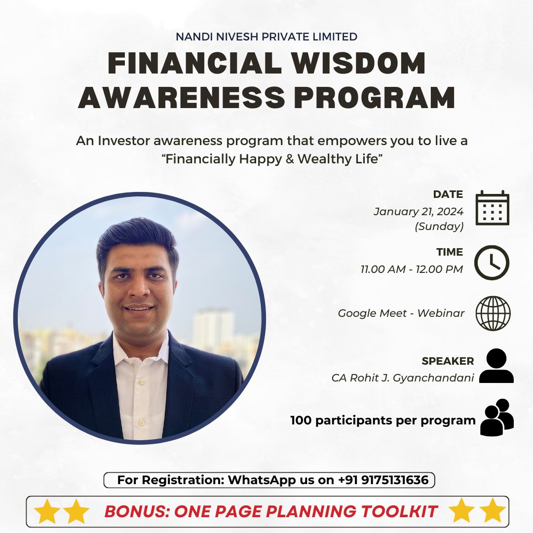 RJGyanchandani's tweet photo. We would like to invite you to our "Financial Wisdom Awareness Program" 

An initiative that empowers investors to live "Financially Happy & Wealthy Life"

Date: January 21, 2024 (Sunday) 📅

Time: 11:00 AM - 12:00 PM ⏲️

This is an online event. WhatsApp us on: https://t.co/ynaUuXTDgz for registration.