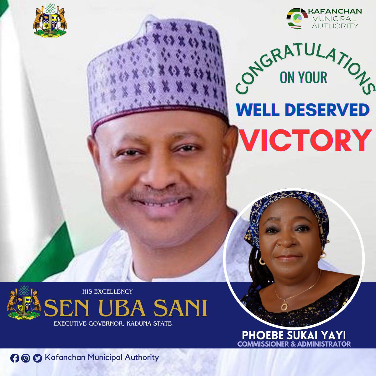 Congratulations His Excellency @ubasanius, on your victory following the Supreme Court ruling in a unanimous decision today to put a final seal on the mandate freely given by the good people and residents of the Municipality and Kaduna State at large. @GovKaduna