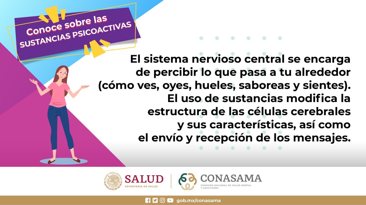 conasamamx's tweet photo. ¿Sabes cómo afecta el uso de sustancias psicoactivas al sistema nervioso central?

Las sustancias psicoactivas pueden provocar efectos como: cambios en el estado de ánimo, percepción y comportamiento.

¡Infórmate! 👉🏽 https://t.co/k69TmFmQiK

#NosCuidamos #PorLaSaludMental https://t.co/ImHLAJT2SO