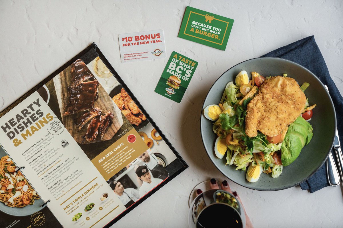 Spice up your resolutions with a side of savings! 🎉 Use your $10 bonus cards by March 31st at all our full-service restaurants, whether you're dining in or opting for takeout. What White Spot dish will you be enjoying first? 🍔 #WhiteSpot #BCsOwn #TheSpotForEveryone #GiftCard