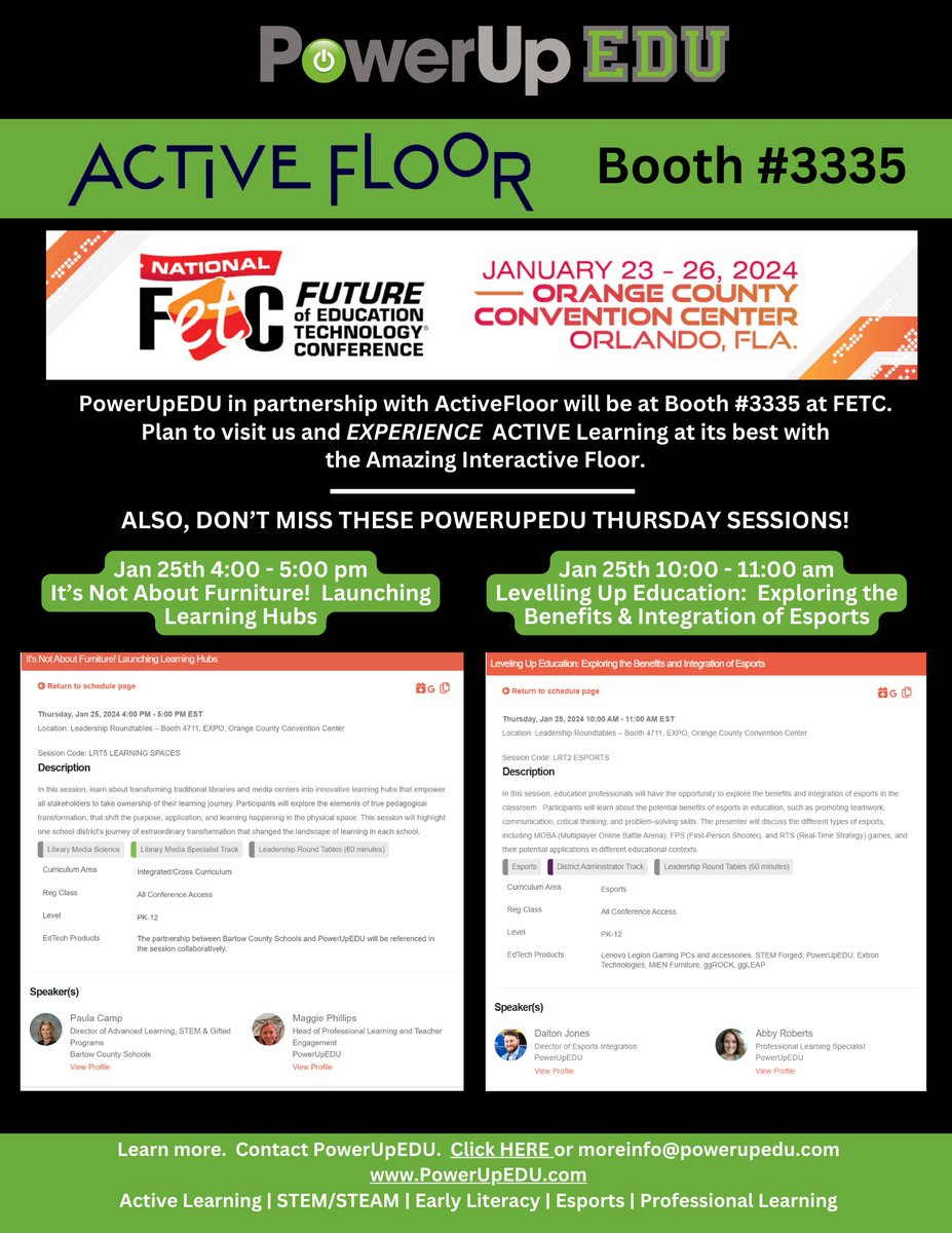 Going to @FETC #FETC24 next week? Visit @powerupedu & @activefloor at Booth #3335 to see #ACTIVELearning w/Interactive Floor. Attend PowerUpEDU Thurs Sessions 1/25: #TransformationalLearning & #Esports - 2 HOT #EDU Topics. Click Below to Learn more. ow.ly/2oLx50QsBG4