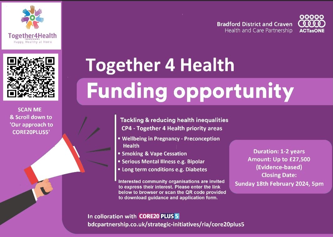 2024-25/26 #Core20Plus5 #Funding Expression of Interests now #Live #Deadline 18th Feb #CP4 Together 4 Health #Community #partnership @ActAsOneBDC #HealthierCommunities Scan QR code See prioritie areas