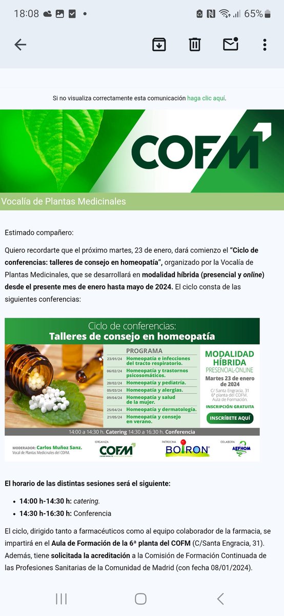 Hoy hemos recibido esto desde <a href="/COFMadrid/">COF Madrid</a> . Me pregunto como farmacéutica y microbióloga , la homeopatía en infecciones del tracto respiratorio qué evidencia científica tiene ,qué coste- beneficio y ventajas para el paciente,  para que merezca un ciclo o jornada.
