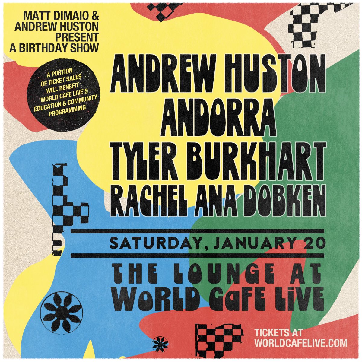 Shout out to <a href="/Andorramusic/">Andorra</a> for jumping on this bill tomorrow at <a href="/worldcafelive/">World Cafe Live</a> ! The annual DiMaio bday show rages on with the <a href="/ahustonion/">Andrew Huston</a> band (who I’ll be playing with), tyler burkhart &amp; <a href="/rachelanadobken/">Rachel Ana Dobken</a> !
