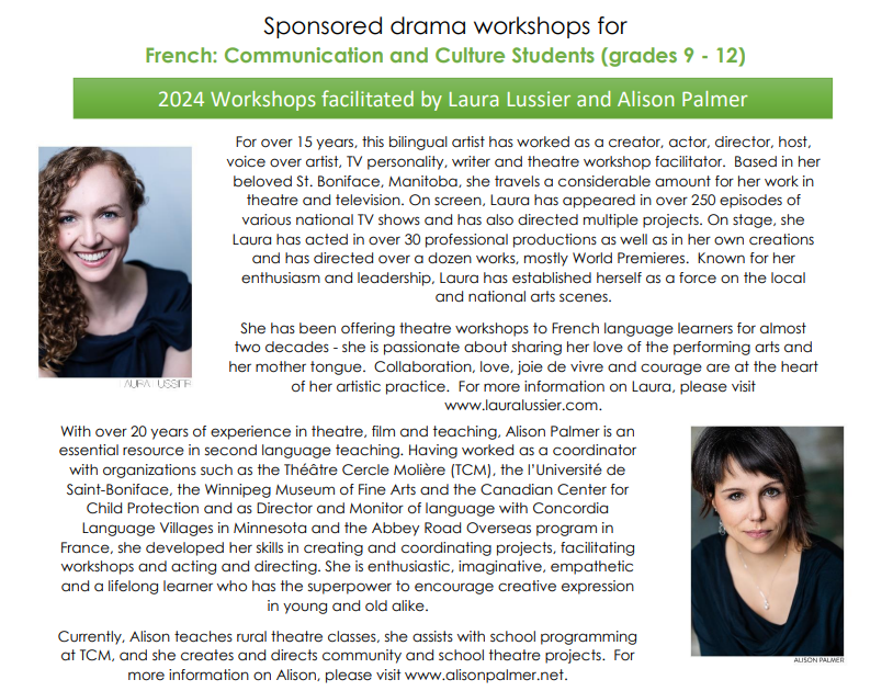 ‼️ Attention French: Communication &amp; Culture (FCC) schools! ‼️

CPF-MB'S 2024 Drama Extravaganza with Laura Lussier and Alison Palmer is now open for booking in Winnipeg &amp; rural areas! Early bird pricing ends this month!

📧 kgreen@cpfmb.com for available dates and more details!