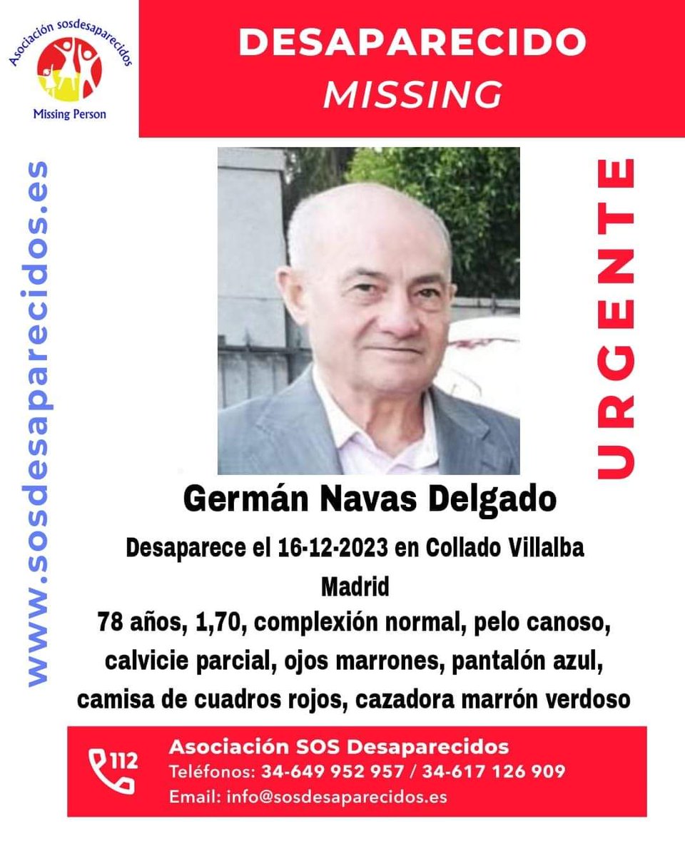 🔎 Seguimos buscando a Germán,  desaparecido el 16 de diciembre 

🚨 Mañana Sabado 20, a las 9:00 te esperamos en el Cuartel de la Guardia civil 

🚨🚨Pedimos tu colaboracion para seguir la buscando de Germán.🚨🚨
 
🏡 Su última pista es entrando en la Finca Dehesa,