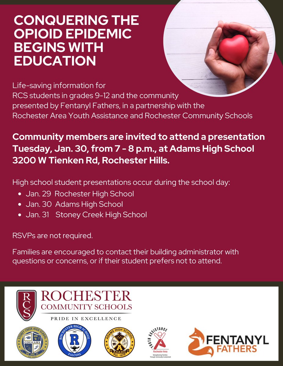 RCS, in partnership with @RAYAArea and Fentanyl Fathers, is raising awareness about the dangers of opioids. Community members are invited to attend a presentation on Jan. 30, at 7 p.m. at Adams High School. RCS high school students will attend presentations during the school day.