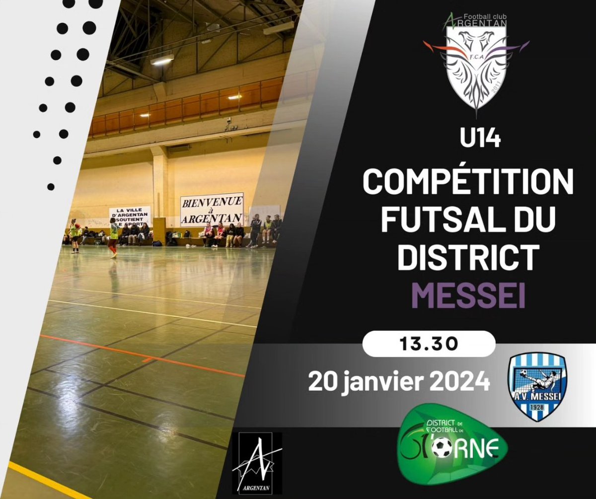 ⚽Programme du Samedi⚽

Nos U13B se déplaceront à Alençon pour le challenge U13 à 13H45. N'hésitez pas à venir les soutenir !🖤🤍

Quant à nos U14 ils participeront à une compétition futsal organisé par le District de l'orne à 13H30. Le club de Messei reçoit la compétition !✨