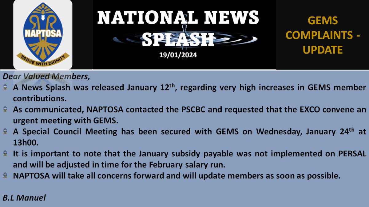 NAPTOSA_TEACH's tweet image. GEMS Complaints Update. All concerns on the previous post have been noted and will be taken forward. NAPTOSA will continue to keep members updated #gems #NewsSplash #ProudlyNaptosa