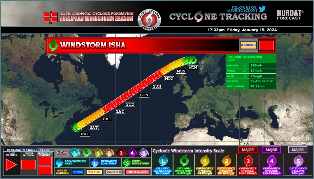 JointCyclone's tweet image. #StormIsha Advisory 3
Max Winds: 60mph
CWSIS: WS
MSLP: 996mb
#Isha moving northeastwards across East Coast of North Carolina offshore, forecast to become a powerful cyclone in the next few days...