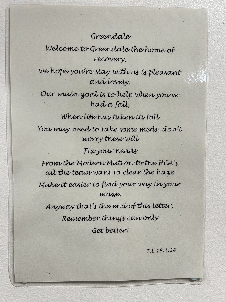 Poem written by a service user for service users, proudly typed up and in place on the ward for all to see. 
@wearewoodview #teamgreendale
#recovery #mentalhealth 
@filowe_ @MeganCunliffe2