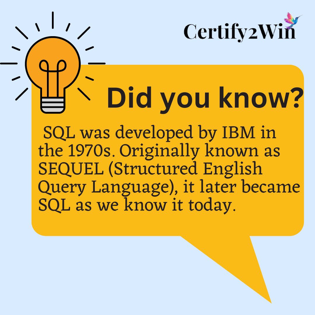 certify2win's tweet photo. Byte Size Learning from https://t.co/dTYOH8zyZY . Please follow us to keep learning.

#SQL #learning #factsdaily https://t.co/Mlu0ltYlHJ