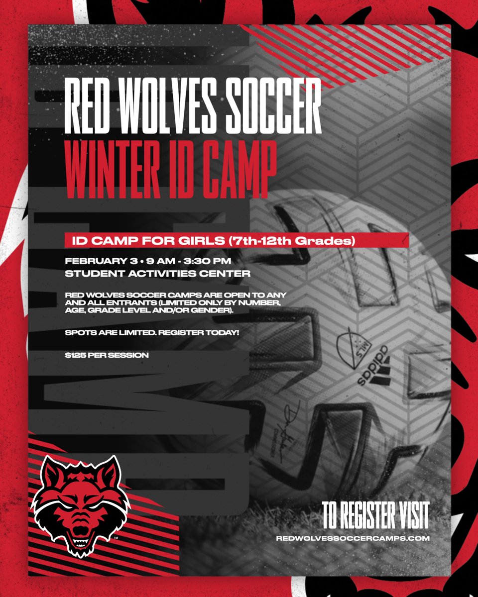 Limited spots available for our Winter ID Camp for Girls on Feb. 3

To register and learn more visit: RedWolvesSoccerCamps.com