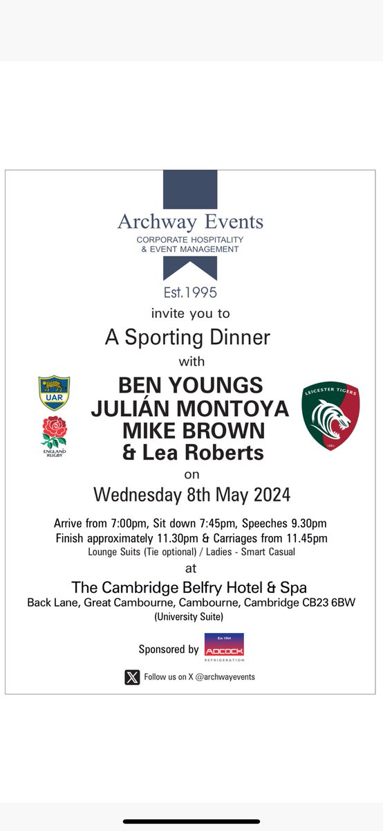 Roger Day (@archwayevents) on Twitter photo Off to Welford Road tomorrow & will be finalising all the details regarding my Cambridge Sporting Dinner on 8/5, with <a href="/benyoungs09/">Ben Youngs</a>, <a href="/mikebrown_15/">Mike Brown</a> & Julian Montoya, after they’ve played Leinster !
If anyone would like to book a table, please DM me 👍
<a href="/AdcockUK/">Adcock</a> <a href="/LeaRobertsComic/">Lea Roberts</a> Off to Welford Road tomorrow & will be finalising all the details regarding my Cambridge Sporting Dinner on 8/5, with <a href="/benyoungs09/">Ben Youngs</a>, <a href="/mikebrown_15/">Mike Brown</a> & Julian Montoya, after they’ve played Leinster !
If anyone would like to book a table, please DM me 👍
<a href="/AdcockUK/">Adcock</a> <a href="/LeaRobertsComic/">Lea Roberts</a>