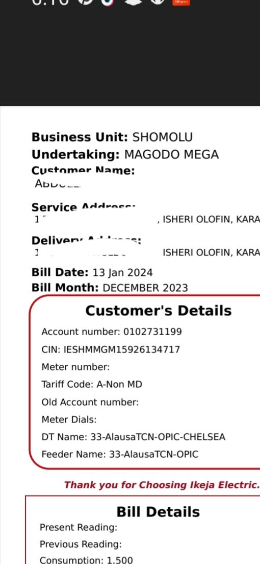 dupsydion's tweet photo. @IkejaElectric please look into this, our light was disconnected in Decwmber on the 20th, and we couldn't make the payment of 115,000 till January 8th, light was connected back on the 11th, today 19th we got another bill stating we even has arrears. 
This is thievery... https://t.co/aI454nKixK