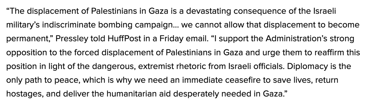 The bid is led by @AyannaPressley + @RepRaskin. Pressley told me via email 'indiscriminate bombing' by Israel-enabled by the US-has caused displacement that cannot become 'permanent.' Letter notes Biden's own pledges to equal rights + dignity for Isr + Pals living side by side.