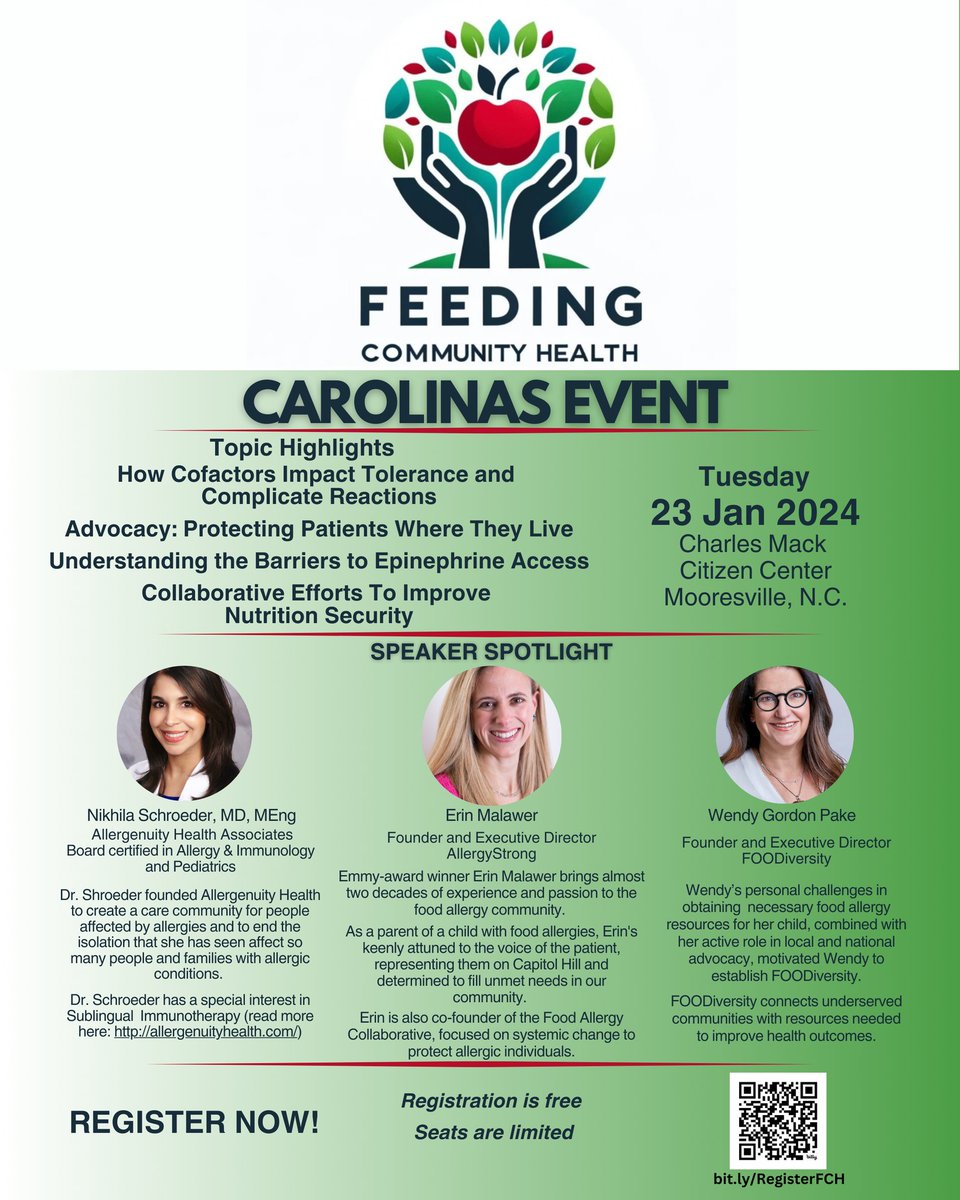 Allergenuity Health (@allergenuity) on Twitter photo Located in Charlotte? Need more guidance on food allergies, treatment, or management? Come to the "Feeding Community Health" event 1.23.2024 (9am-4pm) to learn from <a href="/DrNikhilaMEng/">Nikhila Deo Schroeder MD MEng</a> and other healthcare experts.
Register here (bit.ly/FCHRegister)
<a href="/C_FOODiversity/">Carolina FOODiversity</a> <a href="/shmallergy/">Erin Malawer</a> Located in Charlotte? Need more guidance on food allergies, treatment, or management? Come to the "Feeding Community Health" event 1.23.2024 (9am-4pm) to learn from <a href="/DrNikhilaMEng/">Nikhila Deo Schroeder MD MEng</a> and other healthcare experts.
Register here (bit.ly/FCHRegister)
<a href="/C_FOODiversity/">Carolina FOODiversity</a> <a href="/shmallergy/">Erin Malawer</a>