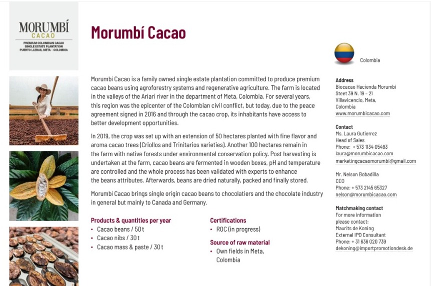 Jhazzbleidy's tweet photo. Felicitamos a #MorumbiCacao empresa del #Meta por ser una de las 6 empresas que estará dando a conocer el #Cacao fino sabor y aroma de #Colombia en el marco de ISM ProSweets 2024 gracias a #ImportPromotionDesk y @PROCOLOMBIACO #ColombiaPotenciaMundialDeLaVida
#LasRegionesExportan https://t.co/dOxRehyZ4A