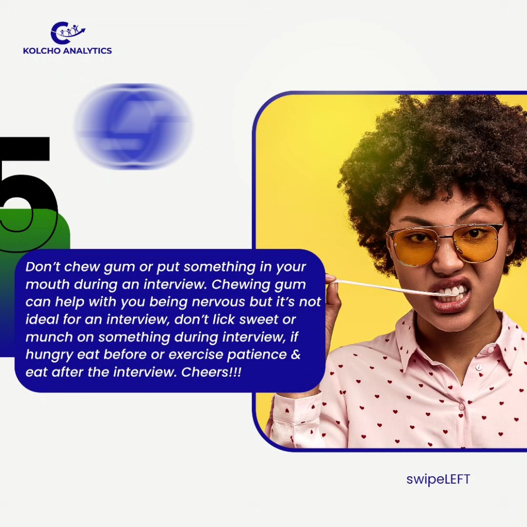 kolcho_'s tweet photo. Episodes of things to NOT DO in an interview.

Tip 5: Don't chew gum or put something in your mouth during an interview.

Chewing gum can help with you being nervous but it is not ideal for an interview.

Don't lick sweets or munch on something during an interview #trend #TGIF https://t.co/7ONvlelGIC