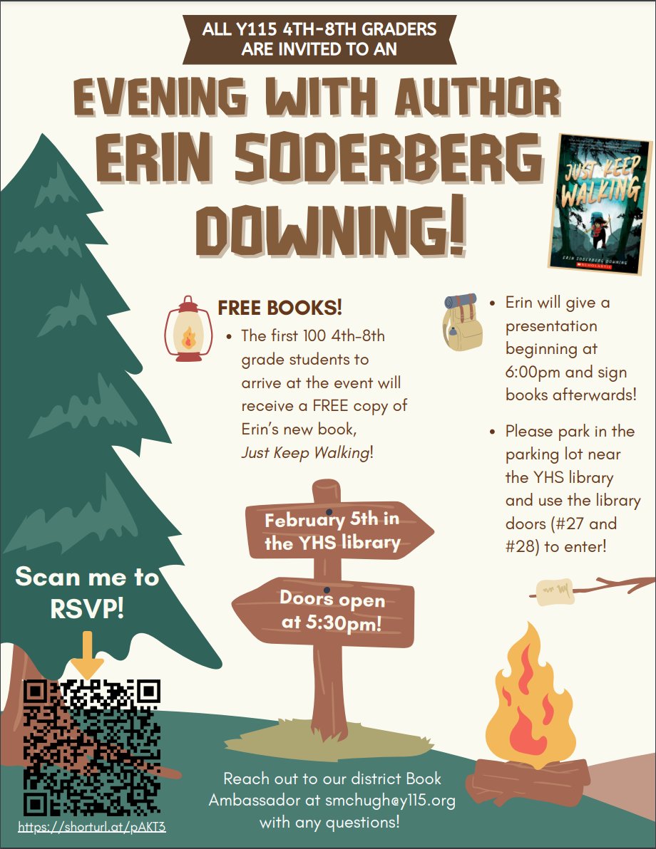 All Yorkville 4th-8th graders are invited to an after-school family event with author Erin Soderberg Downing! Join us in the YHS library to hear a presentation from Erin as she shares the backstory of her new book, Just Keep Walking! Please RSVP at shorturl.at/pAKT3