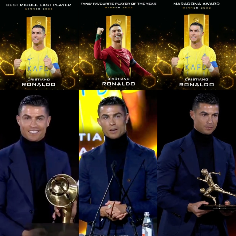 InvictosSomos's tweet photo. Cristiano Ronaldo en los Globe Soccer Awards 2023:

➤ Premio Diego Maradona al Máximo Goleador del Año.
➤ Premio al Mejor Jugador del Medio Oriente.
➤ Premio al Jugador Favorito del Año según los aficionados.  

HAT-TRICK DEL BICHO.