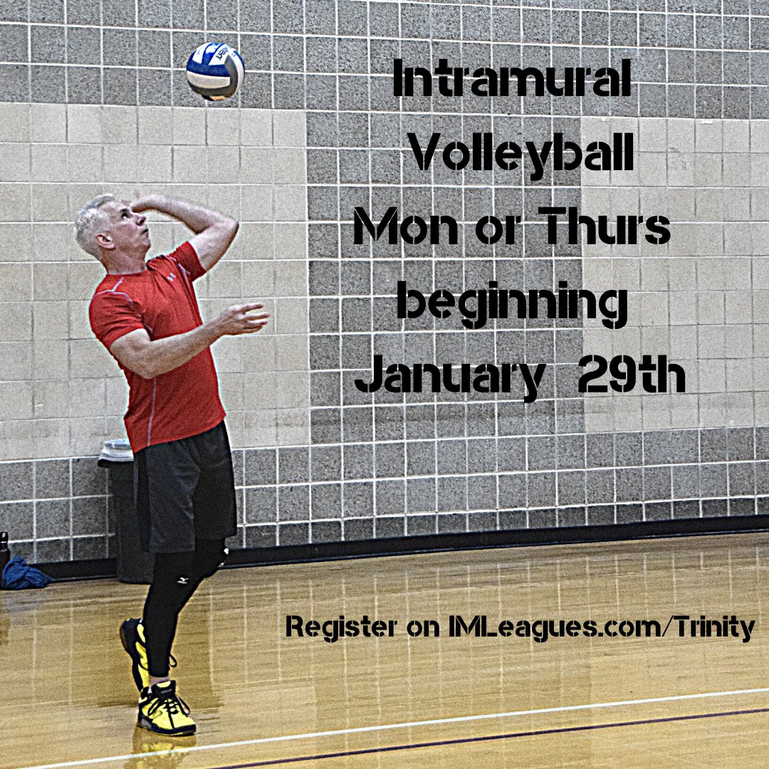 TU_Recreation's tweet photo. Registration has begun for Indoor Volleyball!  Sign up at https://t.co/xWpVXjP7qv now! #TrinityIMs #Play4Bays https://t.co/BwX4ztcaFD