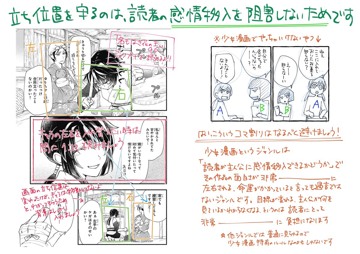 昨今の流行の影響で、少女漫画で育ってない作家さんが別ジャンルの文法で少女漫画のネーム切ってるな、という例が散見されるので、参考になるかわからないけど少女漫画のネームの切り方置いときます・第三弾