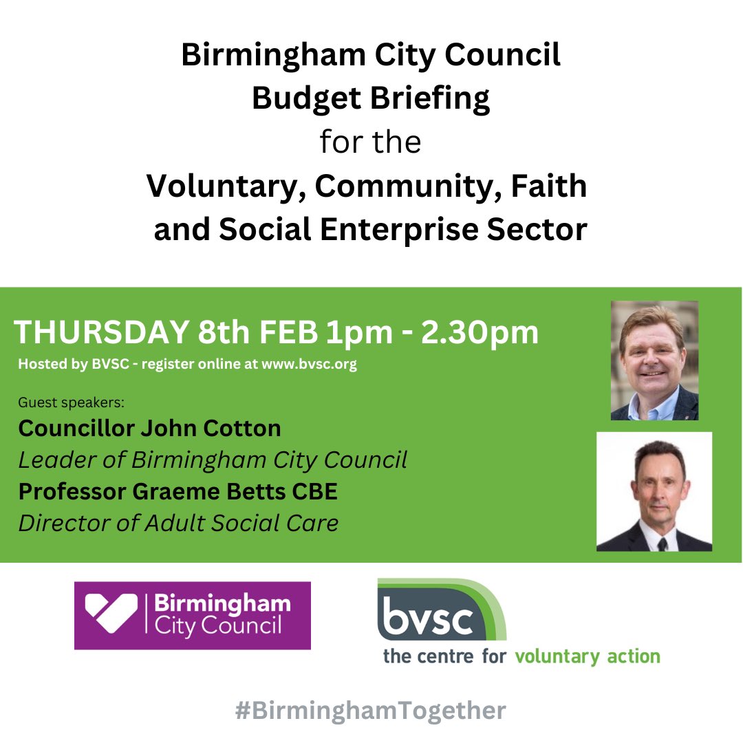 📣 On 8/2/24 at 1pm @BVSC will host an online @BhamCityCouncil budget briefing for the #VCFSE sector.
🗣️ We’ll hear updates and have the space to ask questions, share views, & propose collective solutions to bring #BirminghamTogether
👉 REGISTER: bit.ly/BCCbudgetbrief