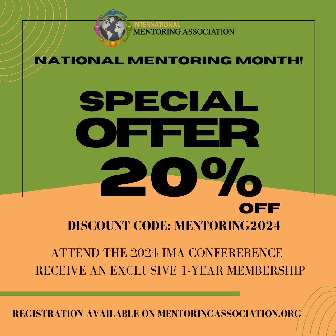 In honor of National Mentoring Month!

Attend the 2024 IMA conference and receive an exclusive 20% off 1-year membership.

Registration is still open mentoringassociation.org/conference-2024
