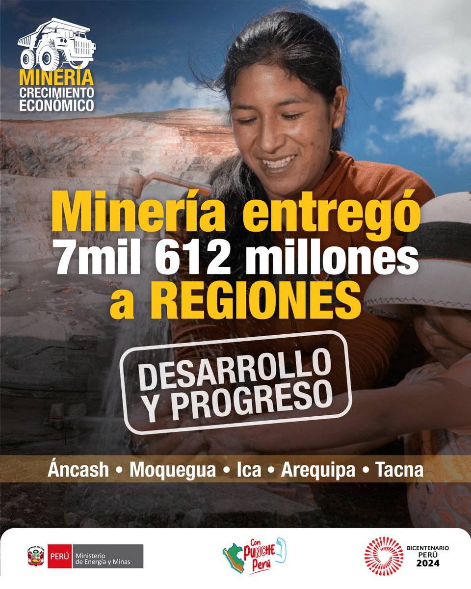 MinemPeru's tweet photo. #Importante La minería generó más de 7 mil millones a favor de las regiones de Ancash, Moquegua, Ica, Arequipa y Tacna; a quienes se le transfirió para la ejecución de proyectos públicos que permitan mejorar la calidad de vida de los peruanos. Más info: https://t.co/rMph0aT5Q7 https://t.co/coR5qjVRm7