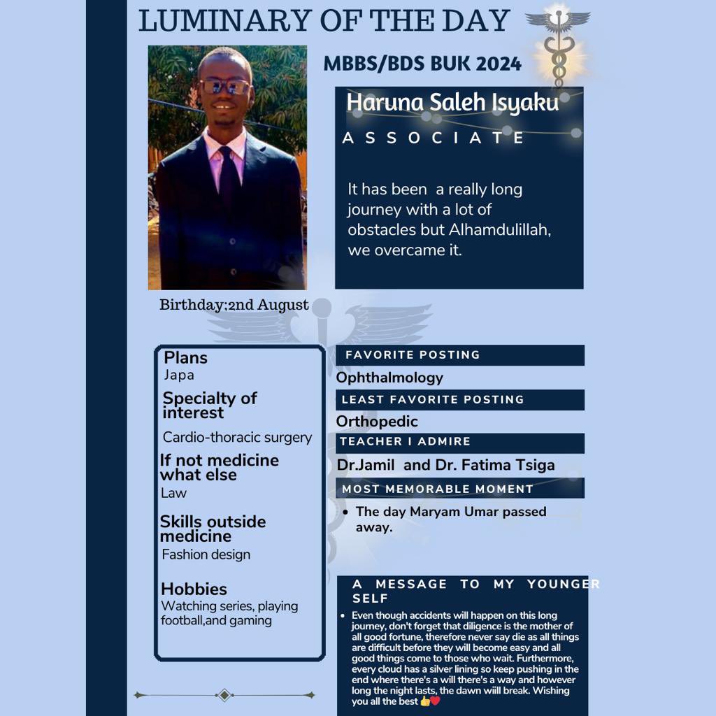theluminaries24's tweet photo. Every single soul in the faculty knows the name, students and teachers alike. The epitome of charisma and popularity. He has the stuffs to follow up the swag, the charm to follow up his confidence. The one and only medical rider. Haruna Saleh Isyaku popularly known ASSOCIATE. https://t.co/Ocb5nUg2uN