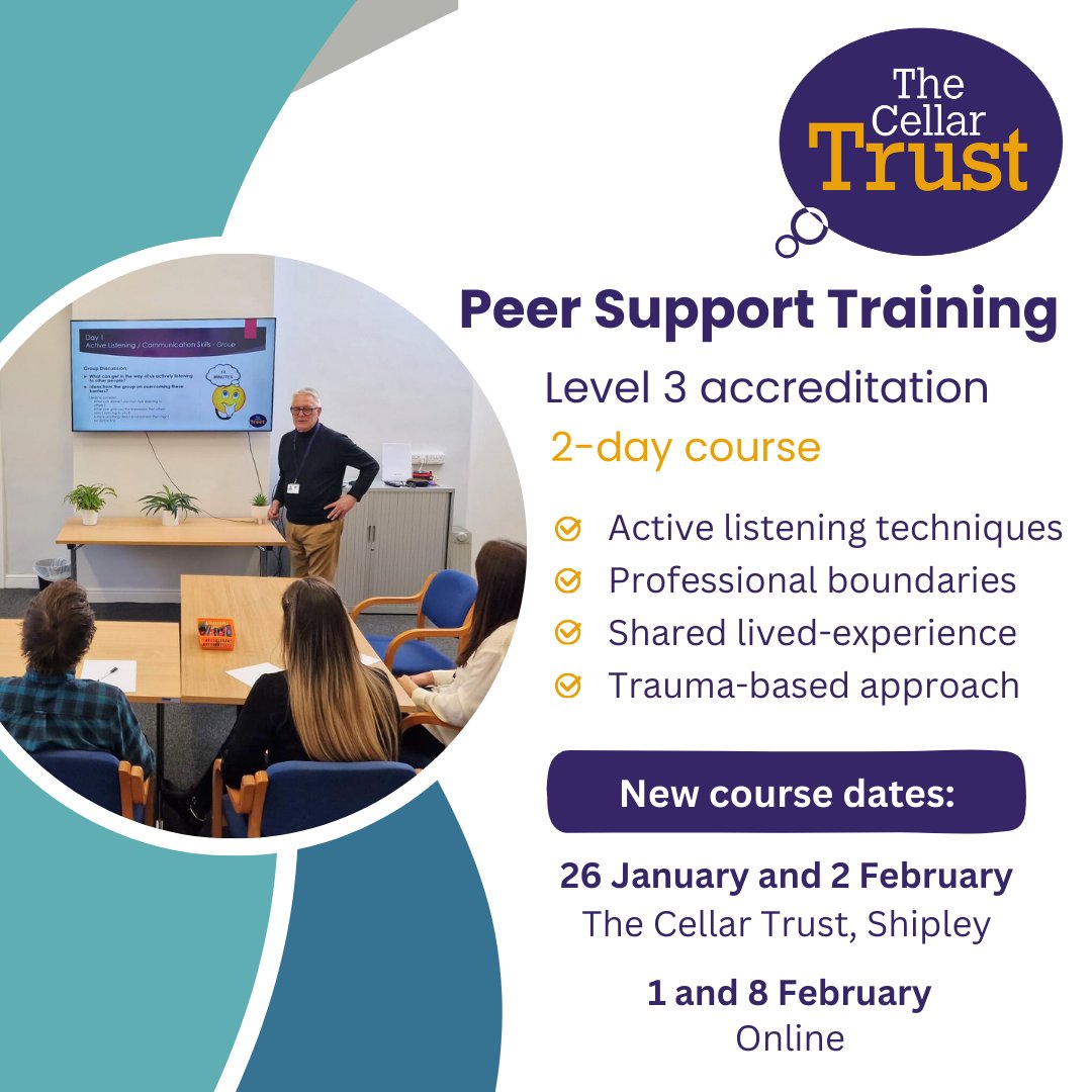 Our multi-award-winning accredited Peer Support Training has an average feedback score of 4.4/5 🌟
Suitable for anyone seeking a career in peer support, or setting up peer support groups in their workplace or community.
📌Book online or in-person training: thecellartrust.org/what-we-do/pee…