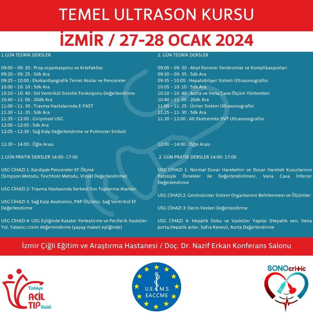 EACCME Akredite Uluslararası İzmir Temel USG Kursumuz 27-28 Ocak 2024 tarihinde İzmir Çiğli Eğitim Araştırma Hastanesinde yapılacak 🥳🎉🎊

Kursumuz için kayıtlarımız devam ediyor.

Katılım yaptırmak için; 
☎️05362053893
🖥️kayit.ultrason@gmail.com