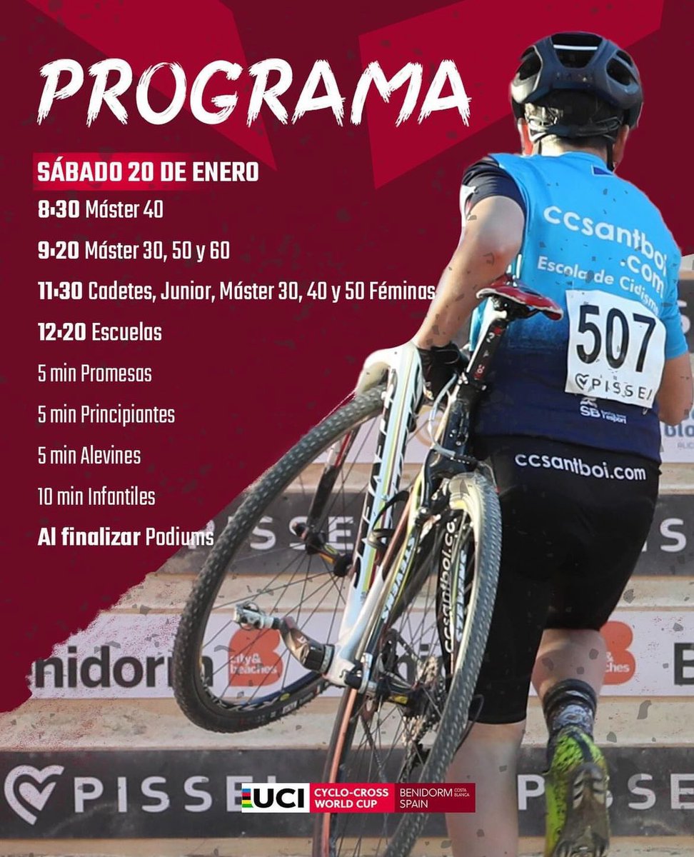 fciclismocv's tweet photo. ATENCIÓN ‼️ Horarios actualizados de @benidormcx para el sábado 20 de enero.
#fccv #info #CX #ciclocross https://t.co/G6YVPqvvSj