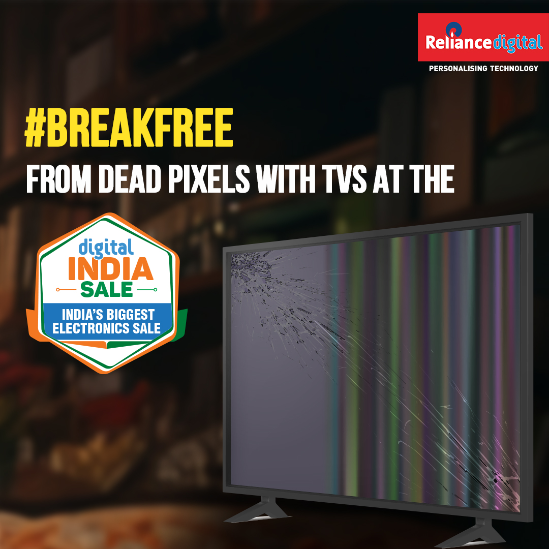 RelianceDigital's tweet photo. Don’t wait for your screen to fade to black. #BreakFree at the Digital India Sale with liberating offers on your favourite electronics! Hurry! Head to a Reliance Digital store near you.
#DigitalIndiaSale #DIS #RelianceDigital #Sale #ElectronicSale https://t.co/8O2y3aIEAX