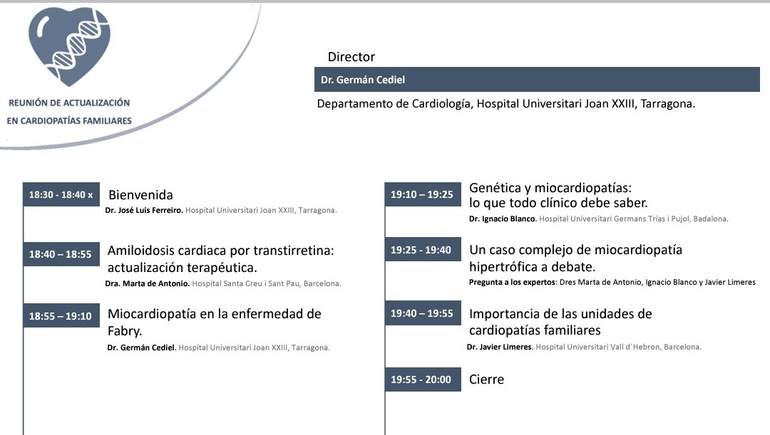 Cardio Tarragona (@tarrakotsubo) on Twitter photo Disponible el programa de la Reunión de Actualización en #CardiopatíasFamiliares para el 22 de febrero en Tarragona con grandes ponentes <a href="/GermanECediel/">German E Cediel</a> <a href="/DrJLFerreiro/">José Luis Ferreiro Gutiérrez</a> <a href="/JavierLimeres/">Javier Limeres</a> Marta de Antonio Ignacio Blanco Disponible el programa de la Reunión de Actualización en #CardiopatíasFamiliares para el 22 de febrero en Tarragona con grandes ponentes <a href="/GermanECediel/">German E Cediel</a> <a href="/DrJLFerreiro/">José Luis Ferreiro Gutiérrez</a> <a href="/JavierLimeres/">Javier Limeres</a> Marta de Antonio Ignacio Blanco
