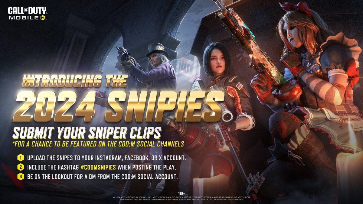 PlayCODMobile's tweet photo. Do you have what it takes to win a Snipey?

Make every shot count in Season 1 for a chance to be featured on the official CODM social accounts. Submit your best sniper clip using the hashtag #CODMSnipies to enter 🤝 https://t.co/aJ0cOR4HQx