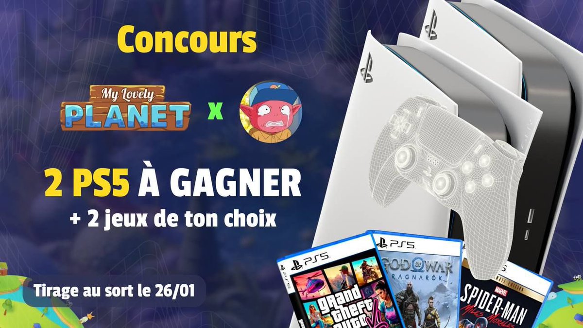 ⏳ GROS Concours PS5 avec My Lovely Planet 🌳 

À gagner : 2 PS5 + 2 jeux 🎁

Pour participer : 
 1.⁠ ⁠RT + Follow <a href="/MyLovelyPlanet1/">My Lovely Planet</a> 
 2.⁠ ⁠Identifie un pote à toi

👉🏽Un gagnant parmi les RT, un gagnant parmi les commentaires

Tirage au sort le 26/01, bonne chance la team!!