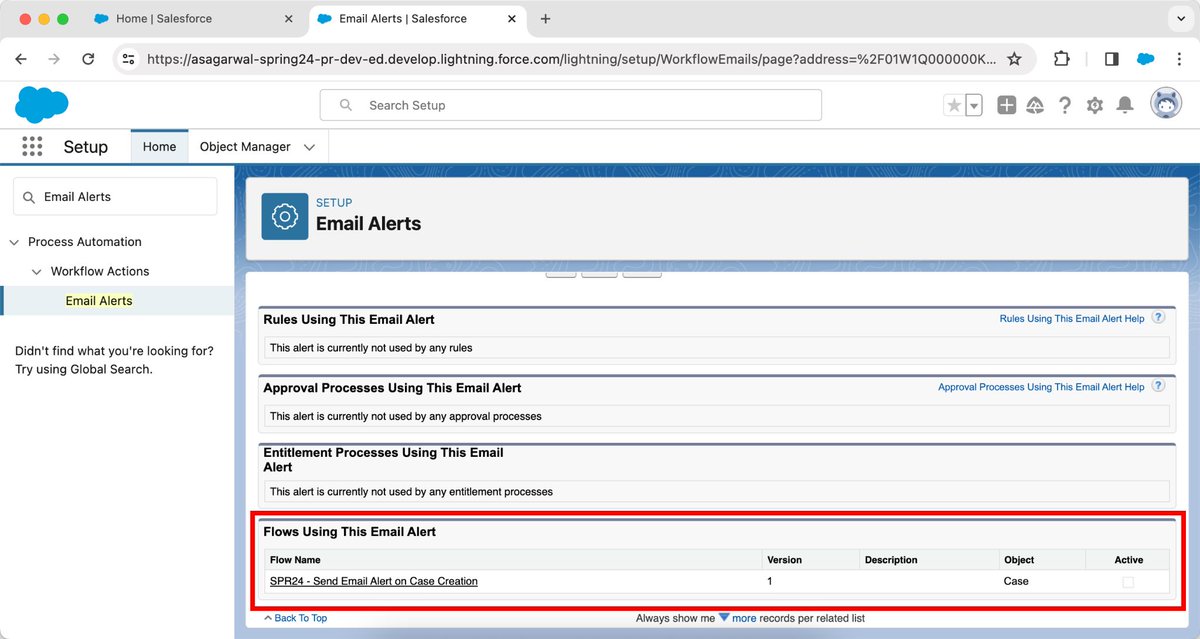 asagarwal's tweet photo. #SalesforceSpring24 You can now see which flows use an email alert 😳 A new category in Email Alerts Setup displays this information 🖥️ 

https://t.co/xlQCLTAmcu https://t.co/21ZF6UAgAd