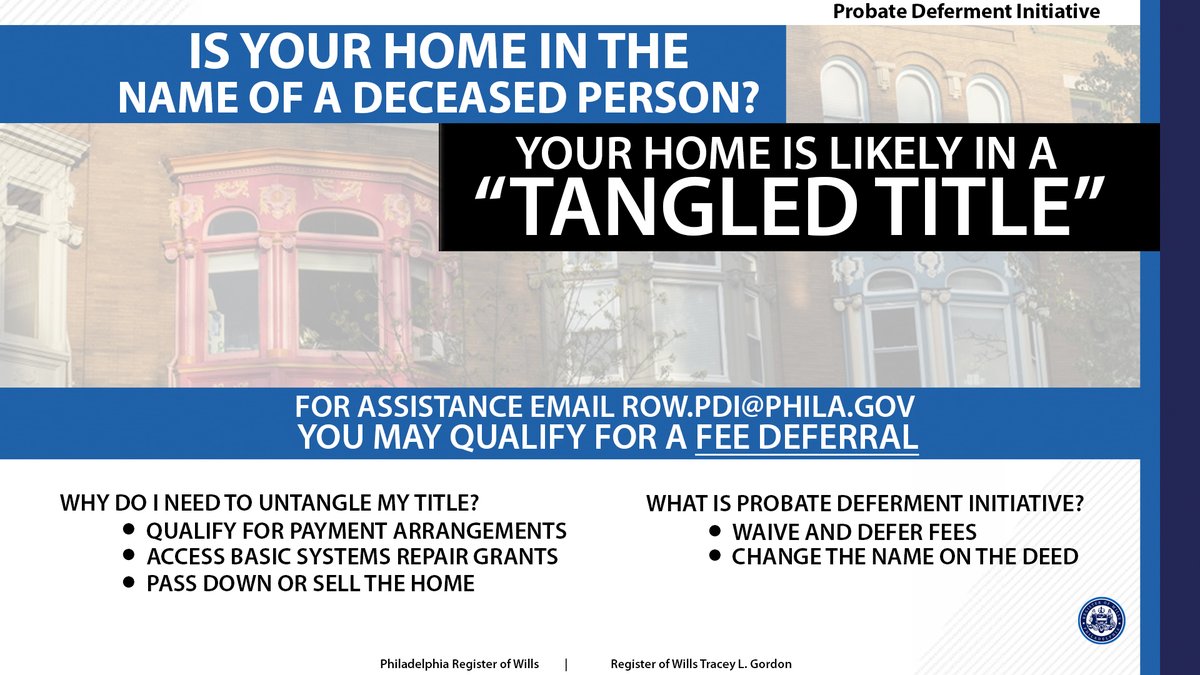 Don’t let your home become another statistic! There are over 10,000 Tangled Titles in Philly. These homes can't be sold, get insurance, receive government services, pay bills or renegotiate with the bank. <a href="/PHLROW/">John P. Sabatina - Philadelphia Register of Wills</a> @cityofphiladelphia <a href="/Records_DeptPHL/">Records_DeptPHL</a>