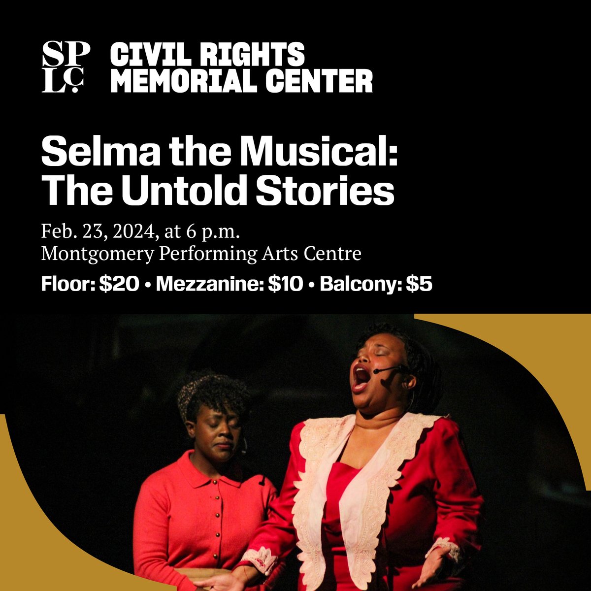 The Selma-to-Montgomery march for #votingrights &amp; the planning that led to it has been adapted into #SelmaTheMusical (@selmathemusical) by <a href="/jpaige31/">J.P. Haynes</a>✨ .

📲Get your ticket &amp; join the SPLC &amp; @civilrightscntr for the Feb. 23, 2024 screening at <a href="/MPACtheater/">MPAC Theater</a>: ticketmaster.com/event/2000602F…