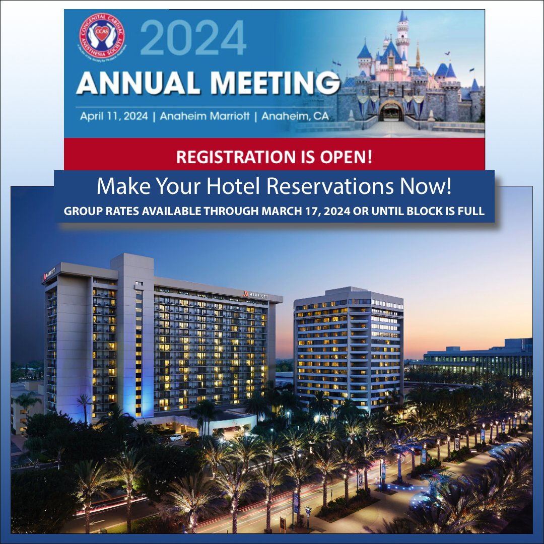 PedsCardiacAnes's tweet photo. Make Your Hotel Reservations Now for the SPA-AAP Pediatric Anesthesiology 2024 meeting at the Anaheim Marriott.
Group rates are available through March 17, 2024, or until the block is full.
Reservations: https://t.co/UUQtE7BO8s
#CCAS2024 #PedsCards #PedsAnes #PedsPain https://t.co/716HxdVDro