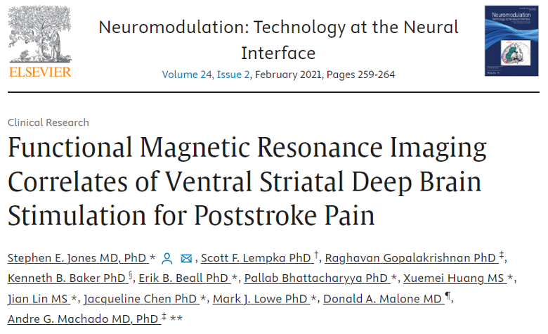 #FBF2021: #DBS of the VS/ALIC modulates affective neural networks as demonstrated by #fMRI imaging sciencedirect.com/science/articl… Functional Magnetic Resonance Imaging Correlates of Ventral Striatal Deep Brain Stimulation for Poststroke Pain. . #neuromodulation #DBS #Chronicpain